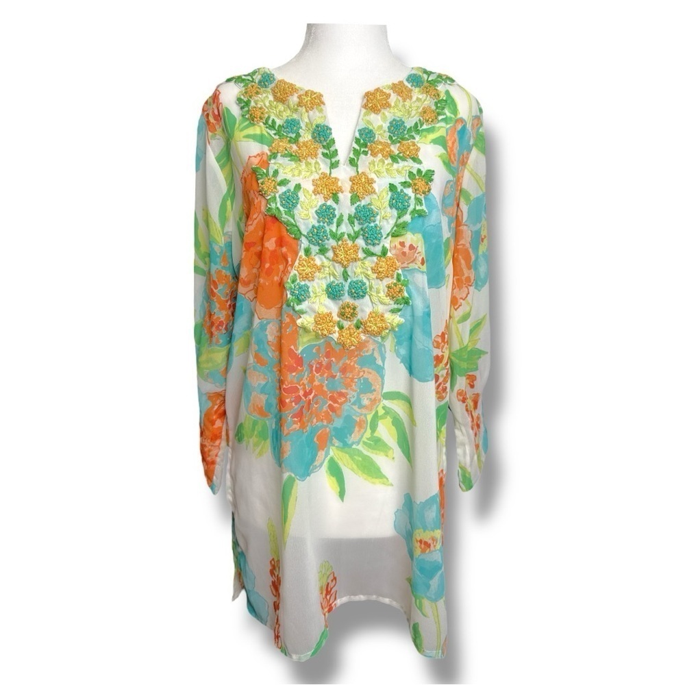 Gretchen Scott Sheer Floral Tunic Blouse Crochet Knit Flowers 3/4 Sleeve Size M